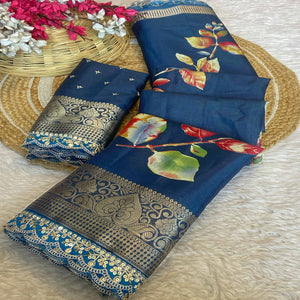 Blue Floral Printed Dola Silk Saree Accentuated with a Traditional Woven Border