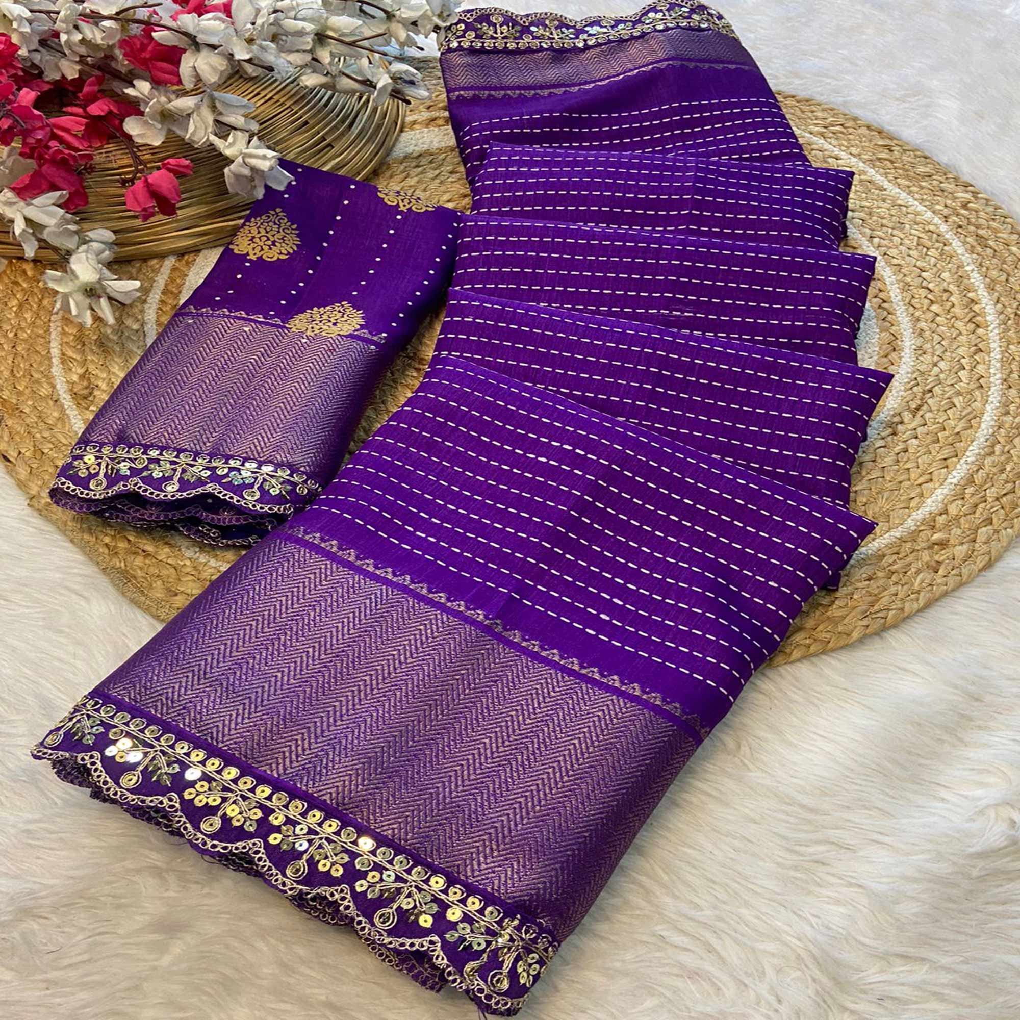 Royal Purple Floral Printed Dola Silk Saree With Woven Border