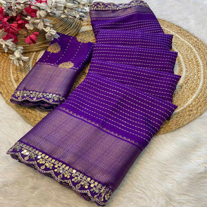 Royal Purple Floral Printed Dola Silk Saree With Woven Border