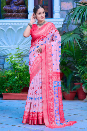 Baby Pink Geometric Printed Linen Saree