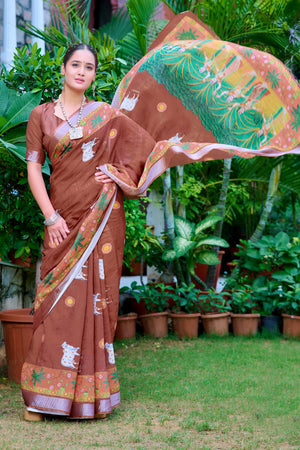 Brown Floral Printed Linen Saree