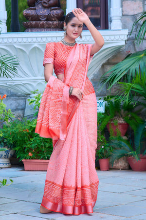 Gajri Pink Bandhani Printed Linen Saree