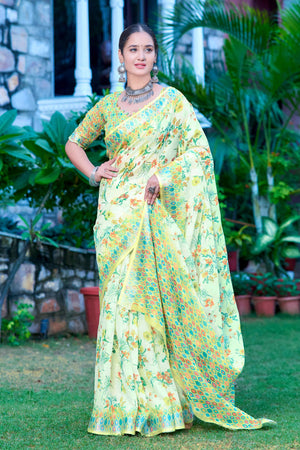 Green Floral Printed Linen Saree