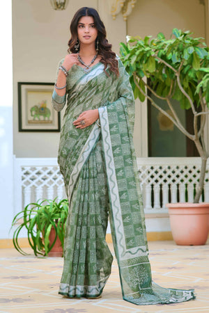 Light Green Floral Printed Linen Saree