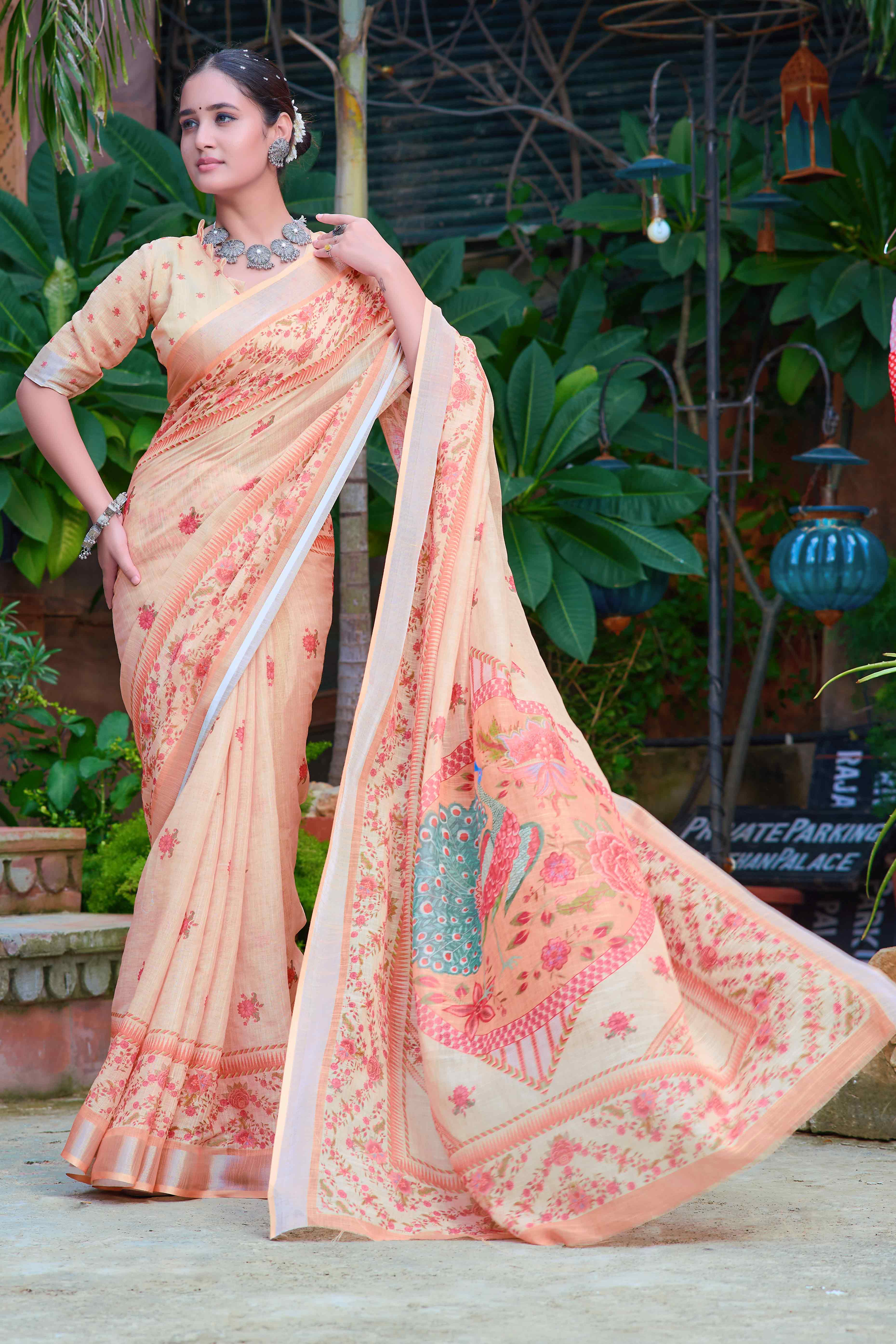 Light Peach Floral Printed Linen Saree