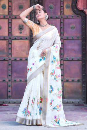 Off White Floral Printed Linen Saree