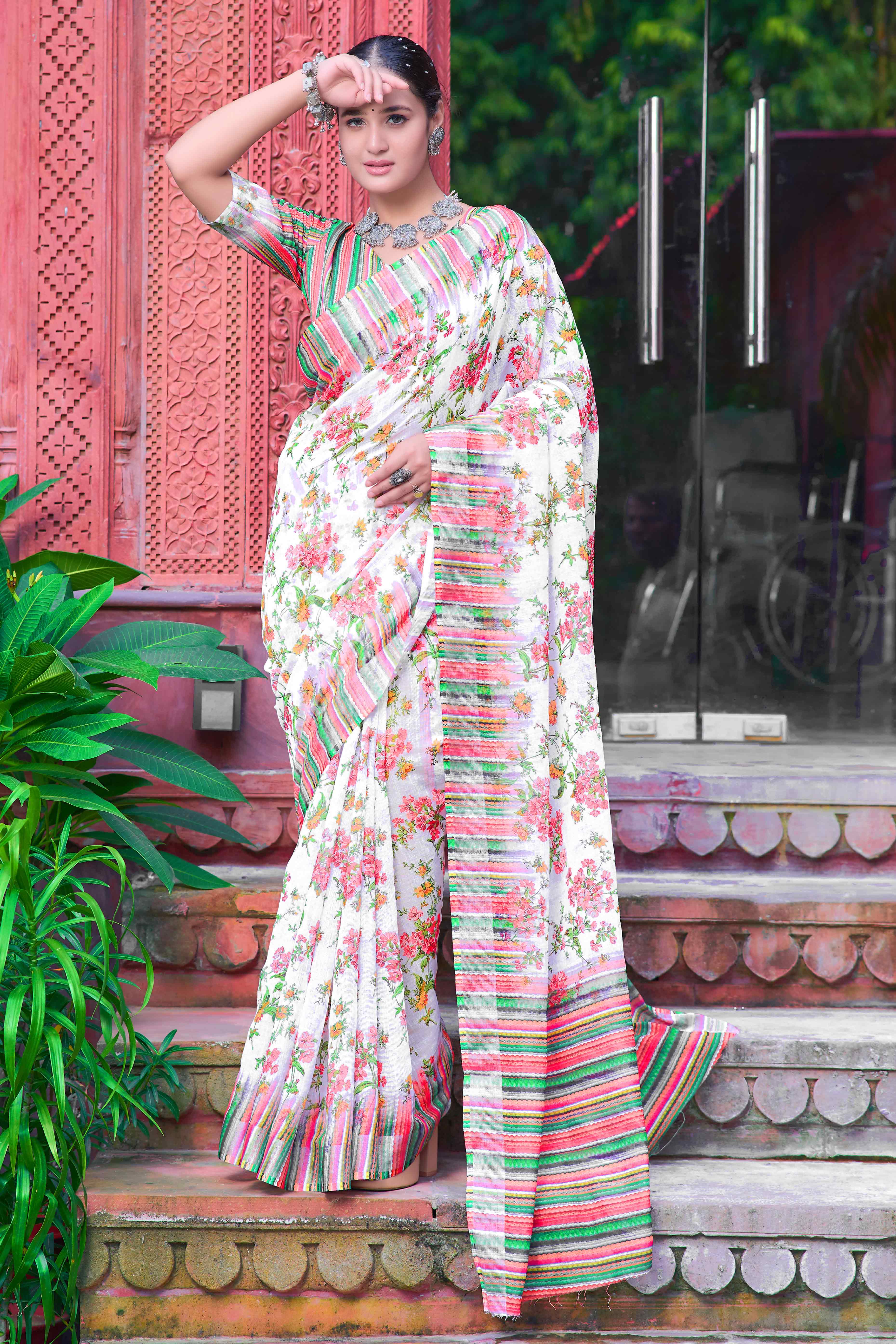 Off White Floral Printed Linen Saree