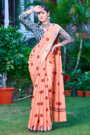 Peach Polka Dot Printed Linen Saree