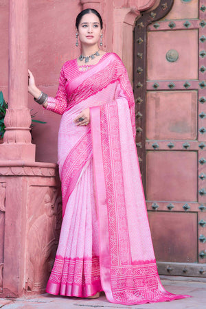 Pink Bandhani Printed Linen Saree