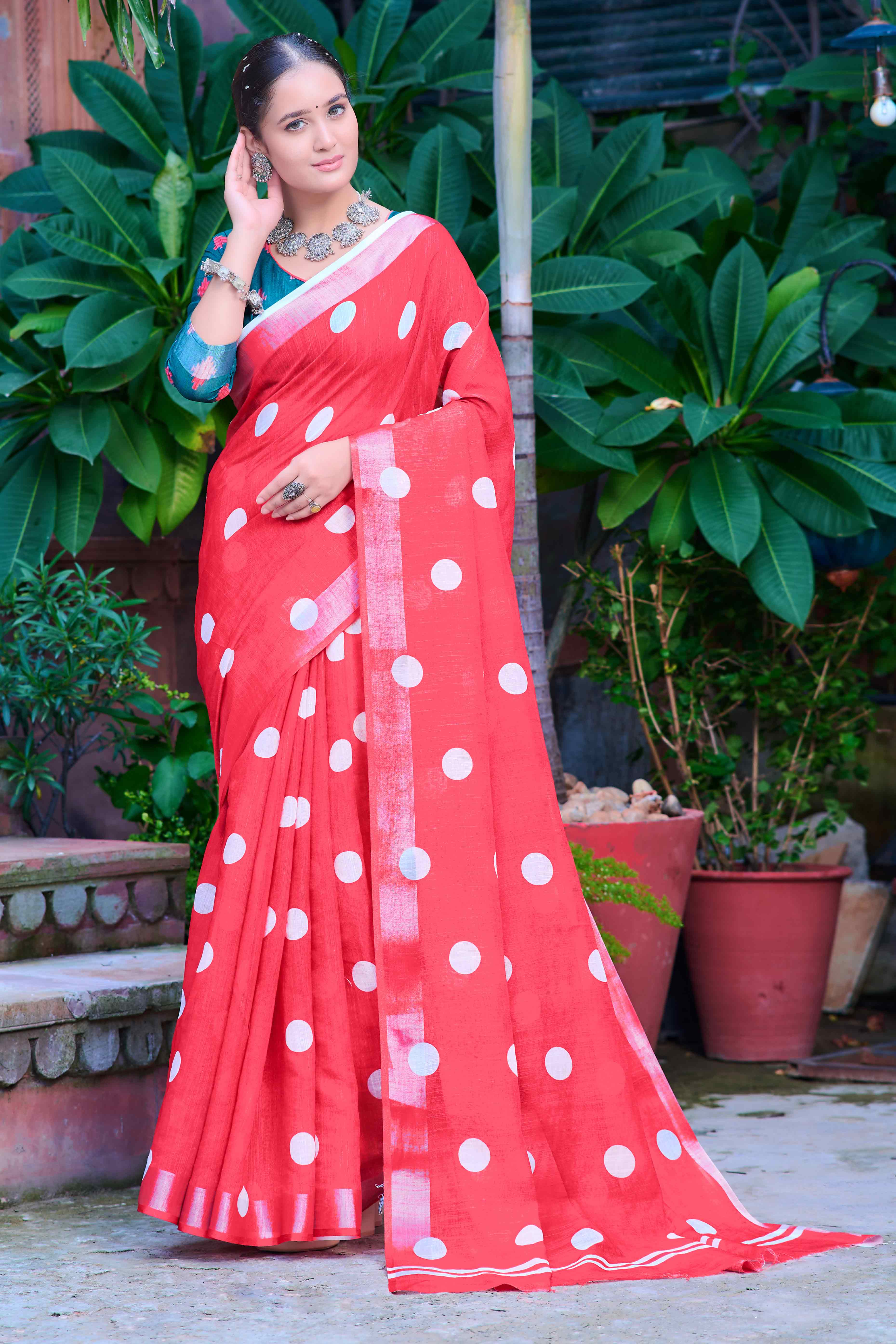 Red Polka Dot Printed Linen Saree
