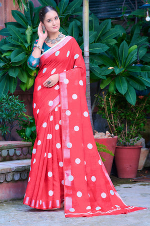 Red Polka Dot Printed Linen Saree