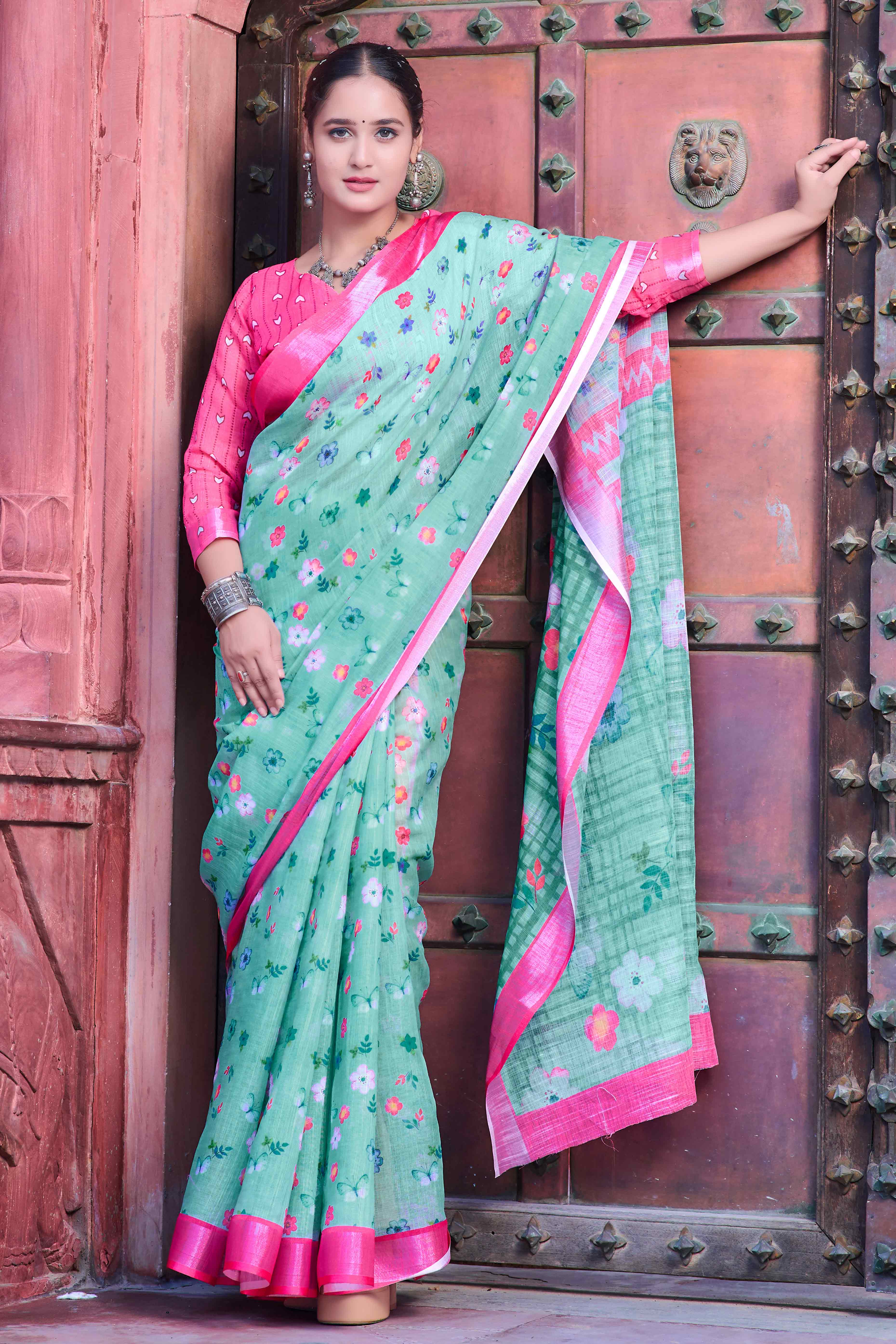 Sea Green Floral Printed Linen Saree