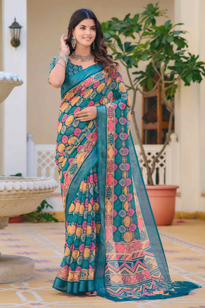 Teal Floral Printed Linen Saree