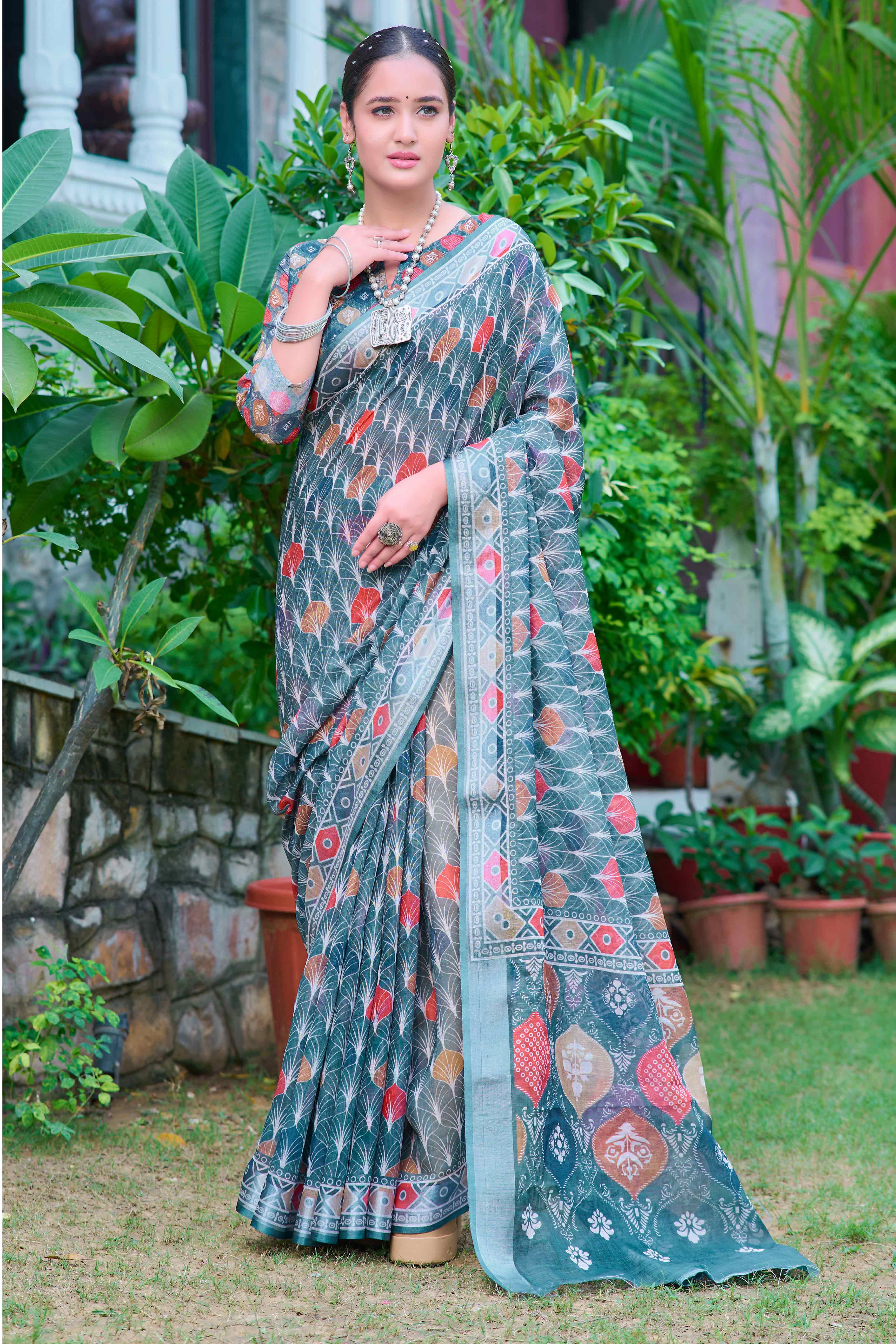 Teal Floral Printed Linen Saree