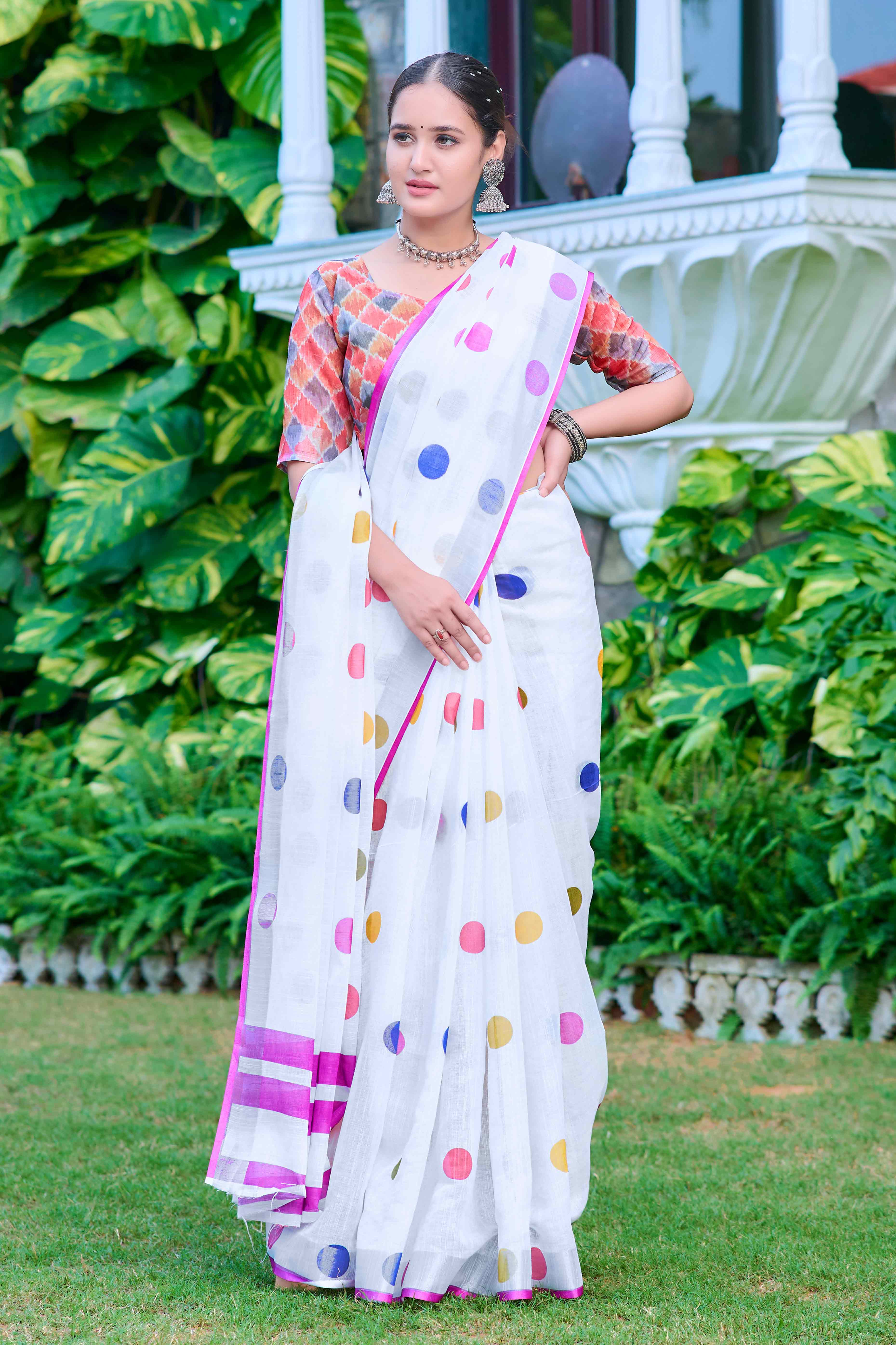 White Polka Dot Printed Linen Saree