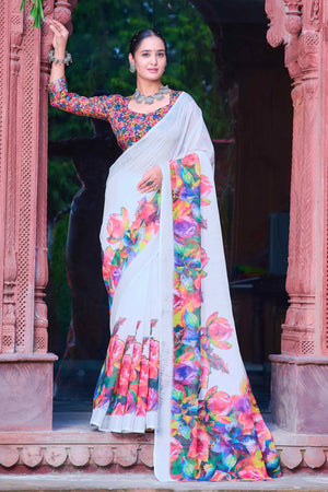 White Floral Printed Linen Saree