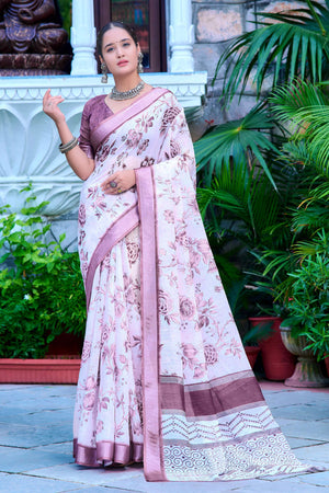 White Floral Printed Linen Saree