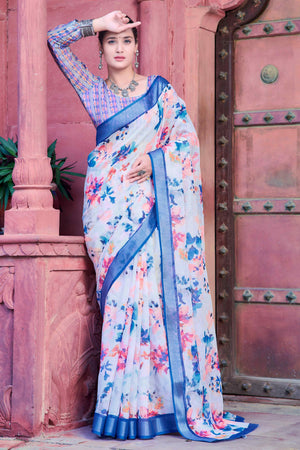 White Floral Printed Linen Saree