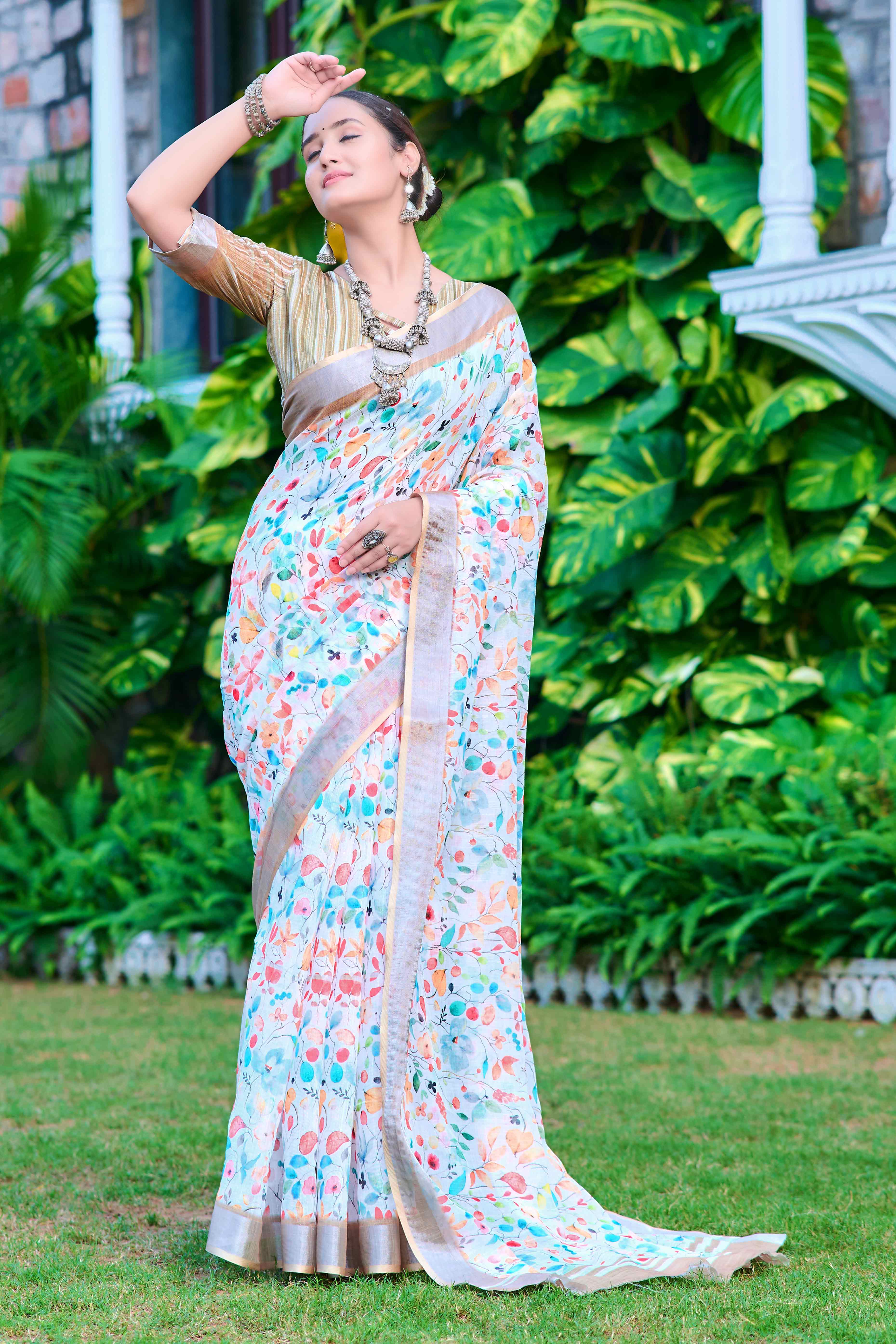 White & Blue Floral Printed Linen Saree