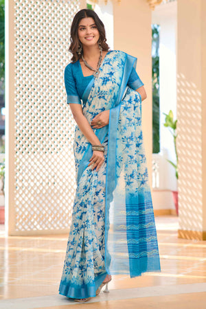 White & Blue Floral Printed Linen Saree
