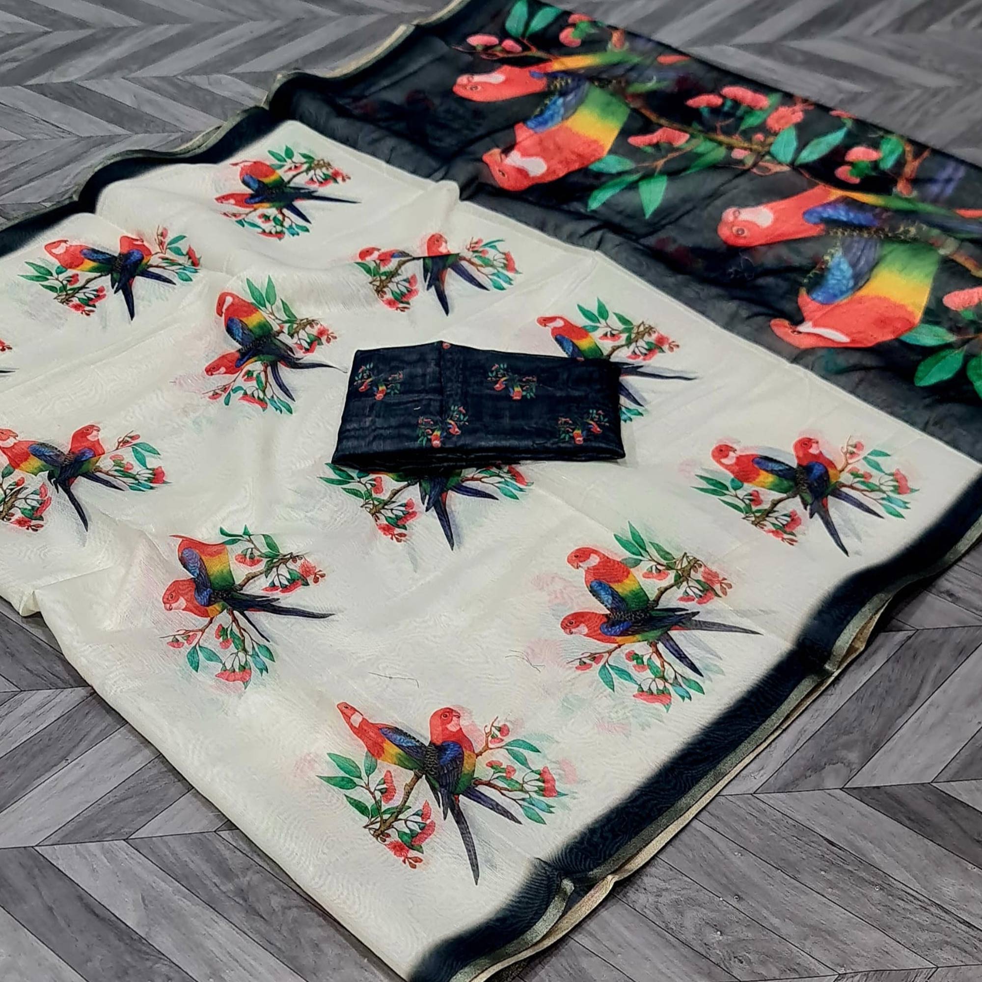 Off White Floral Printed Linen Cotton Saree