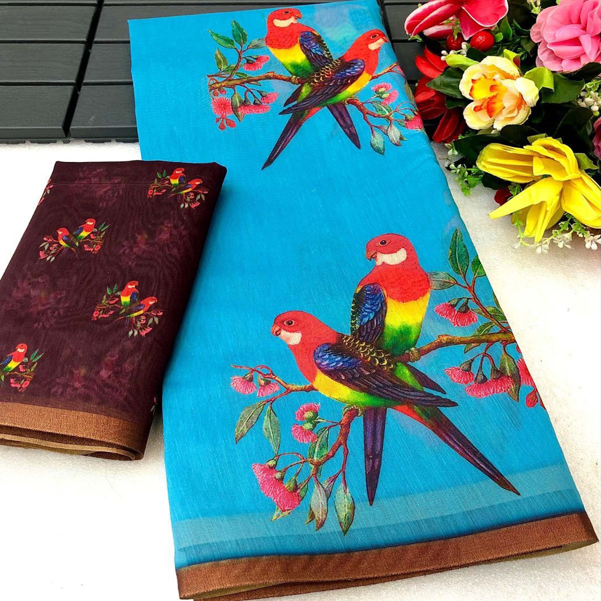 Sky Blue Floral Printed Linen Cotton Saree