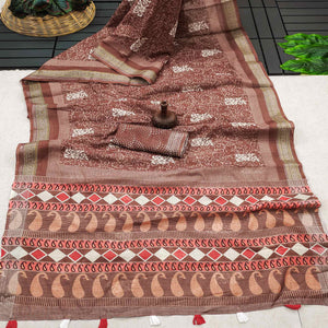 Brown Printed Linen Saree