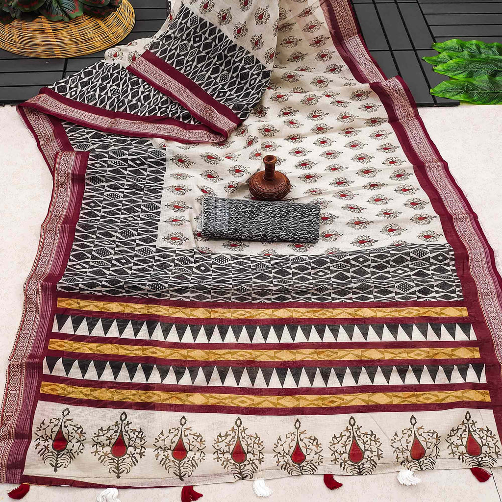 Women's Cotton Linen Off White Digital Print Designer Saree With Blouse Piece
