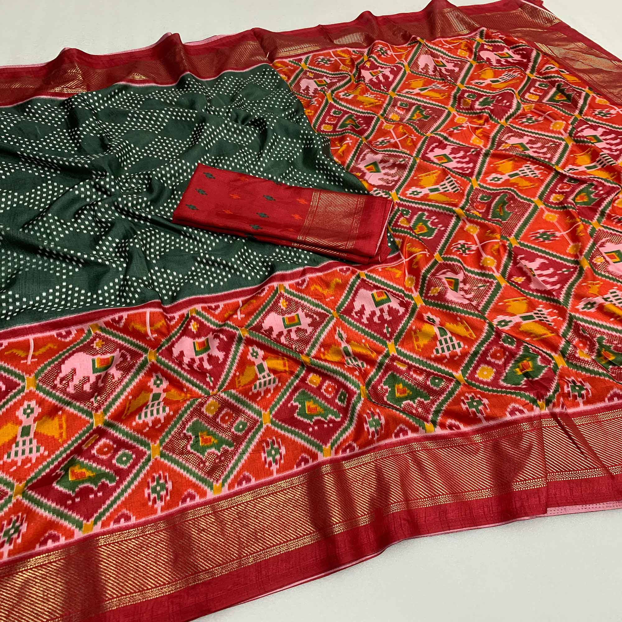 Dark Green & Red Patola Printed Dola Silk Saree