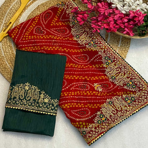 Red Bandhani Printed Georgette Saree With Embroidered Border