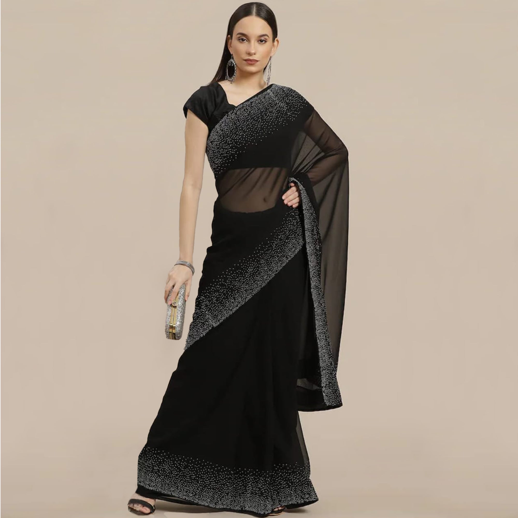 Black Swarovski Border Work Georgette Saree