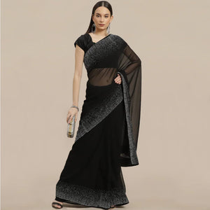 Black Swarovski Border Work Georgette Saree