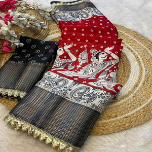 Red Printed Dola Silk Saree With Zari Border