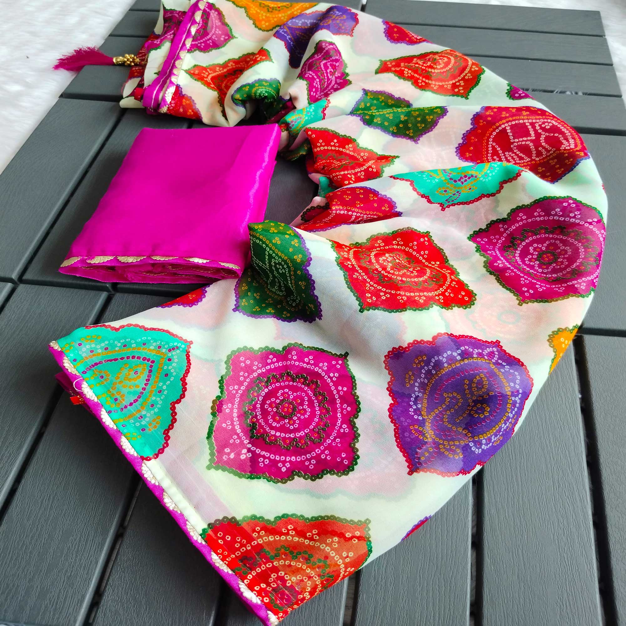 White Georgette Saree with Traditional Bandhani Prints