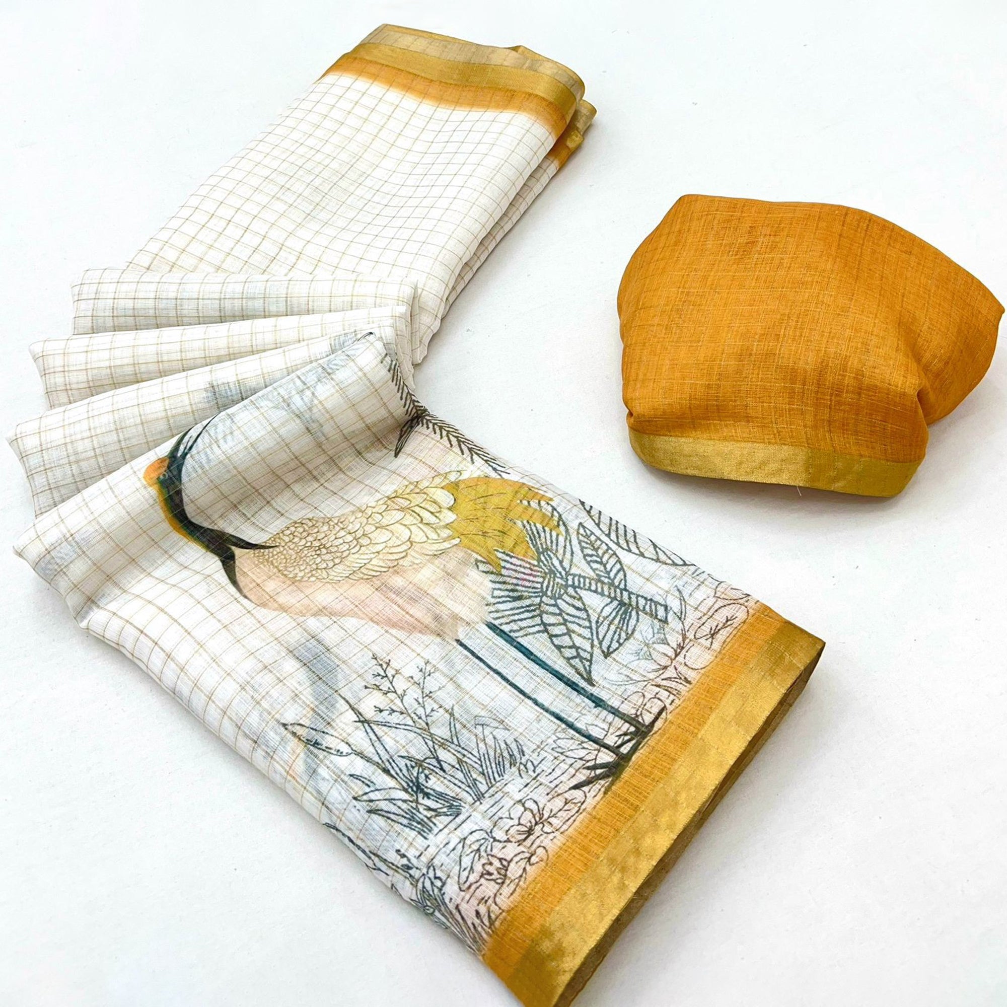 Off White and Mustard Checkered Printed Linen Saree with a Breezy Feel