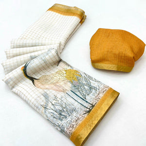 Off White and Mustard Checkered Printed Linen Saree with a Breezy Feel