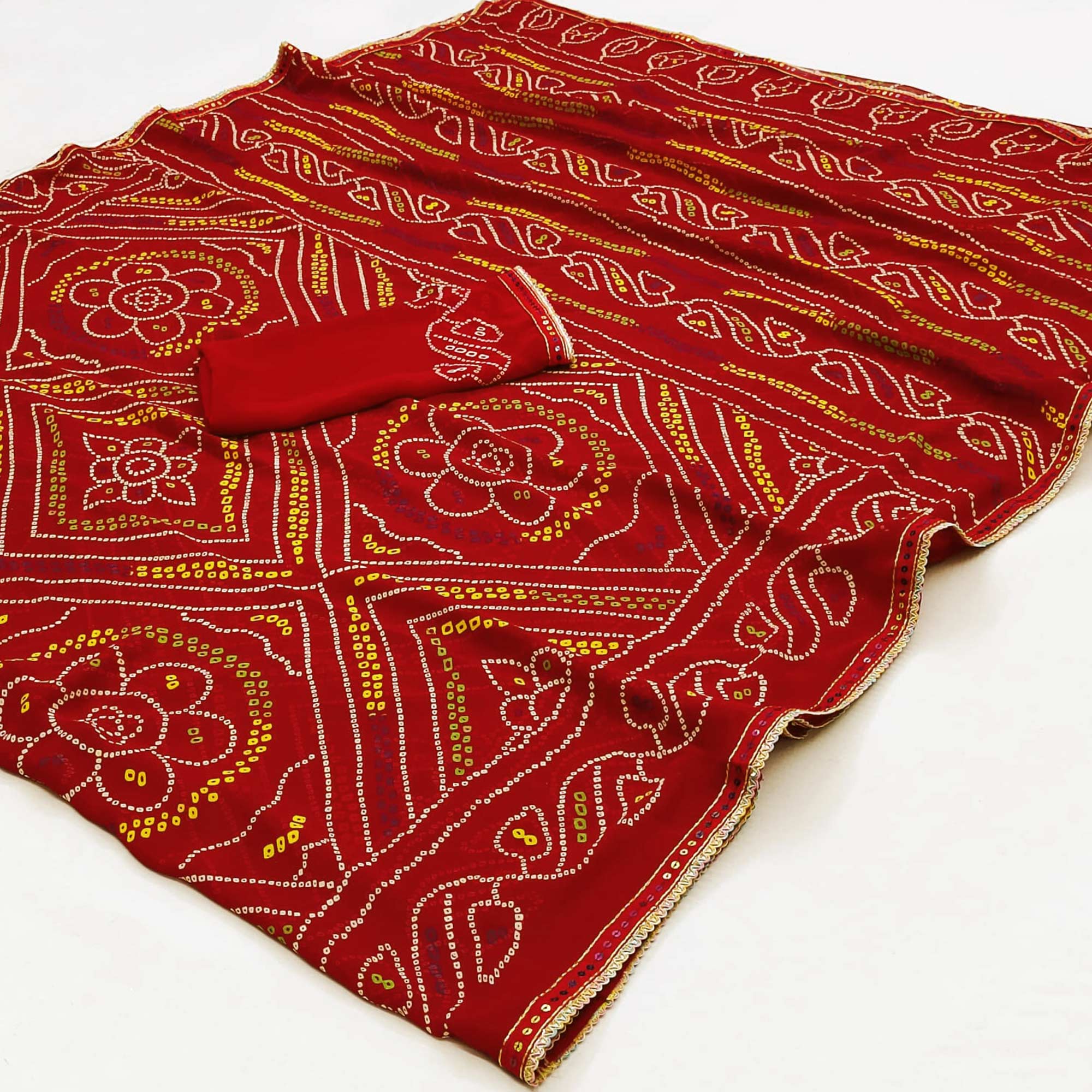 Red Bandhani Printed Georgette Saree
