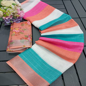 Multicolor Zari Weaving Linen Cotton Saree