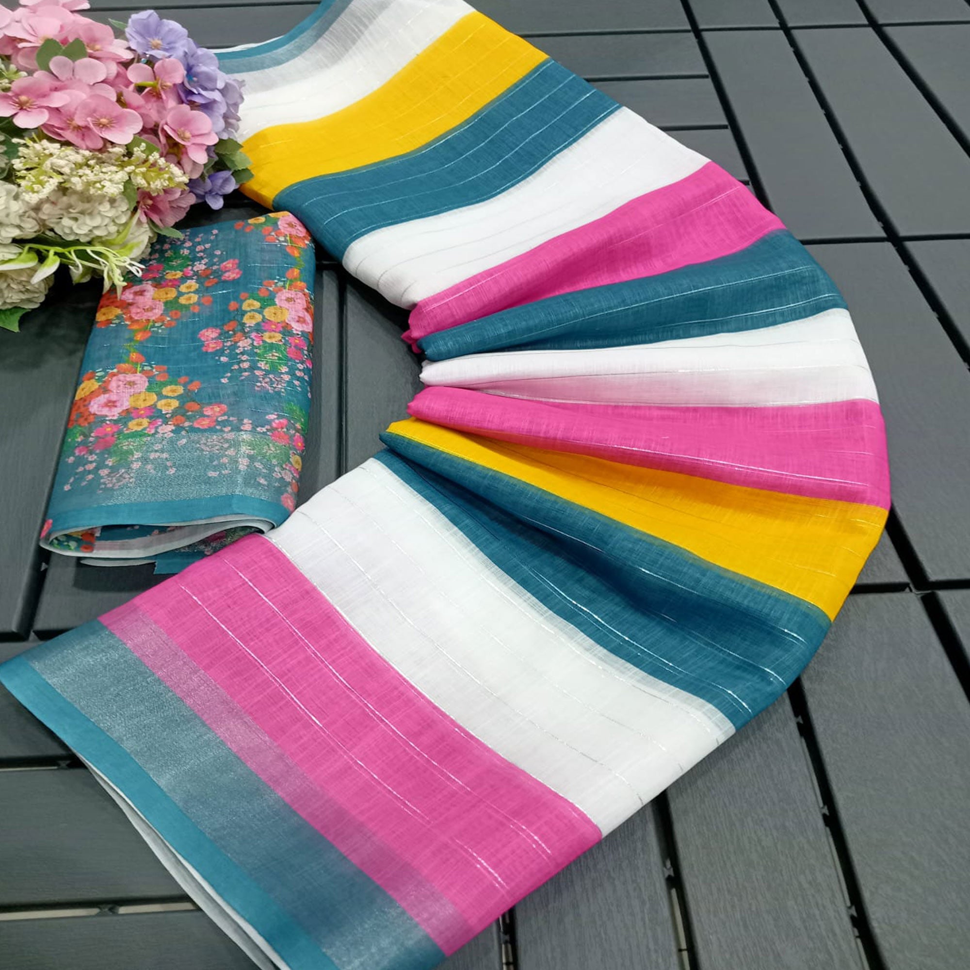 Multicolor Zari Weaving Linen Cotton Saree