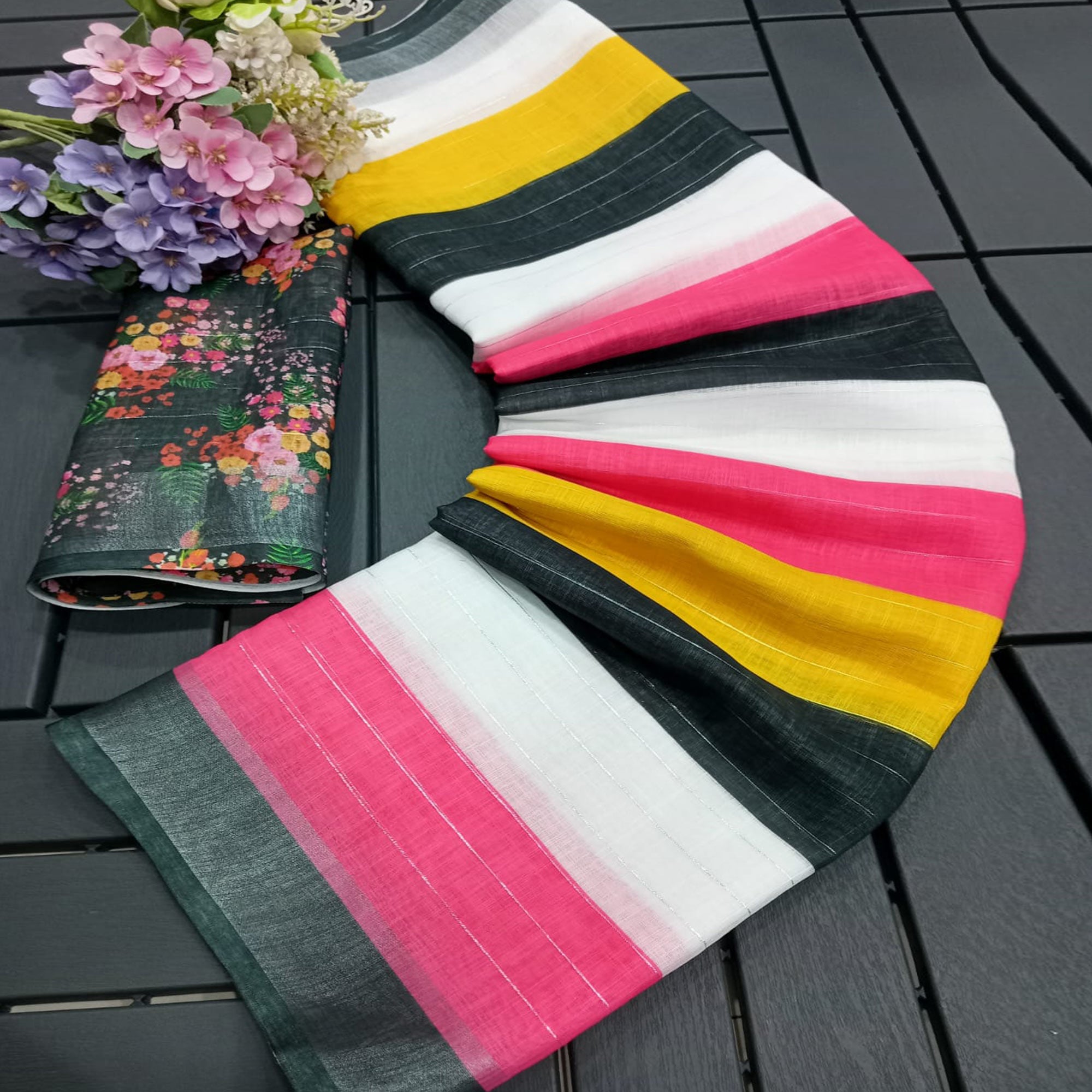 Multicolor Zari Weaving Linen Cotton Saree