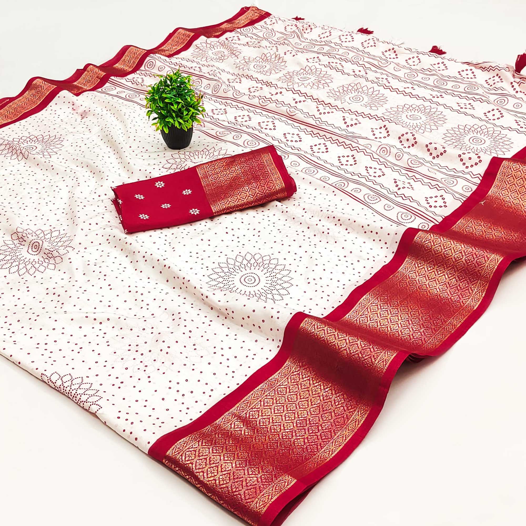 Offwhite & Red Floral Printed Dola Silk Saree With Intricate Woven Border