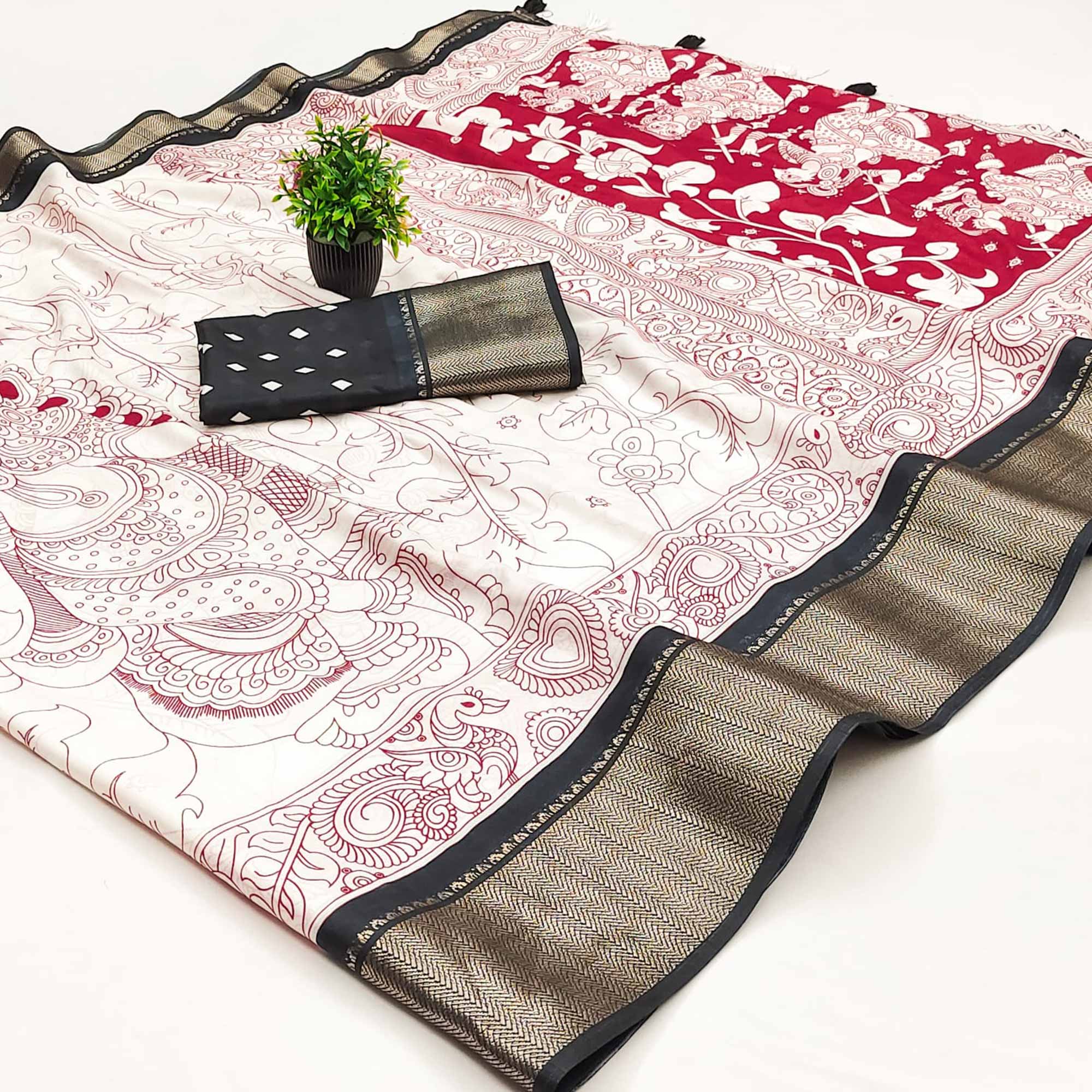 Offwhite & Black Floral Printed Dola Silk Saree With Intricate Woven Border