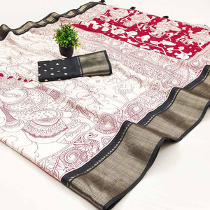 Offwhite & Black Floral Printed Dola Silk Saree With Intricate Woven Border