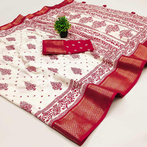 Offwhite & Red Floral Printed Dola Silk Saree With Intricate Woven Border