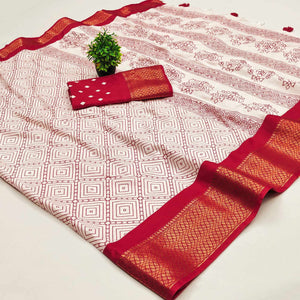 Offwhite & Red Geometric Printed Dola Silk Saree With Intricate Woven Border