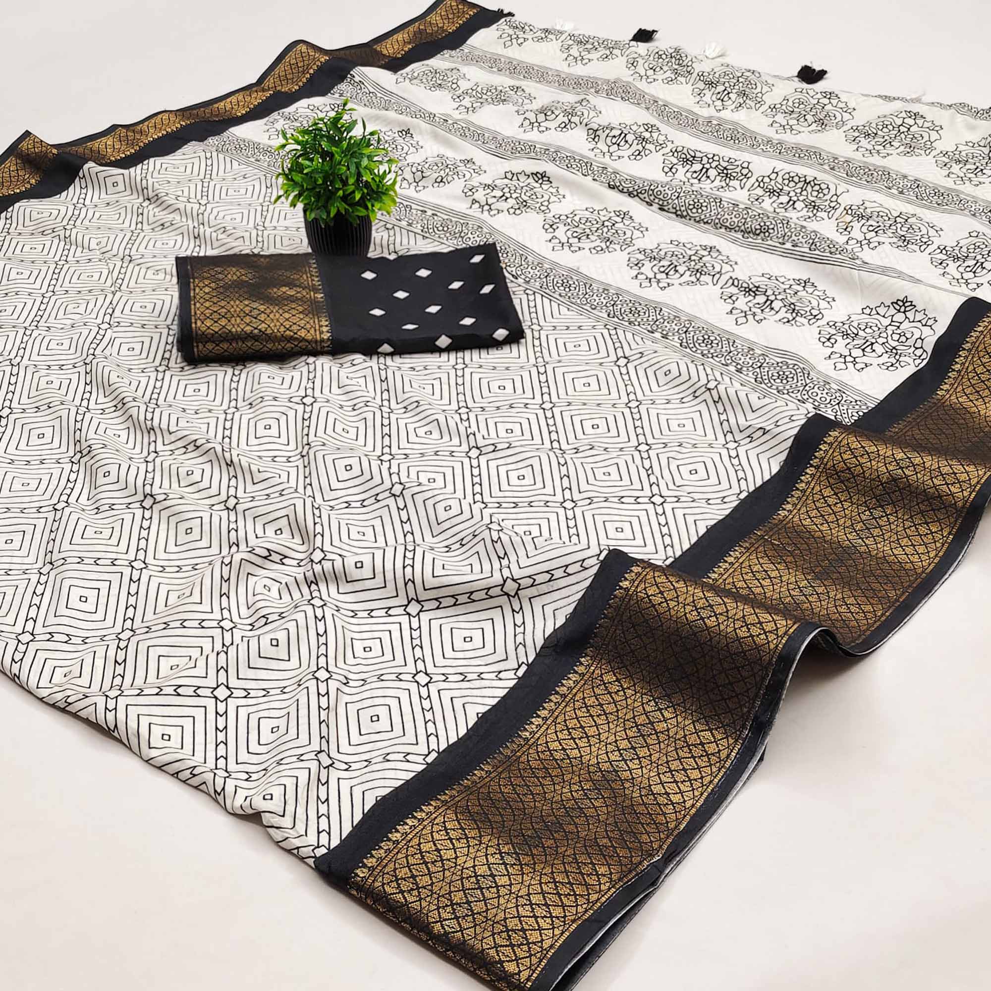 Offwhite & Black Geometric Printed Dola Silk Saree With Intricate Woven Border