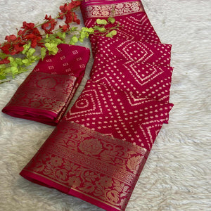 Traditional Pink Dola Silk Saree with Classic Bandhani Print and Elegant Jacquard Woven Border