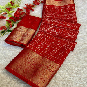 Traditional Red Dola Silk Saree with Classic Bandhani Print and Elegant Jacquard Woven Border