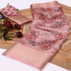 Peach Floral Printed Dola Silk Saree With Elegant Silver Zari & Intricate Weaving Border
