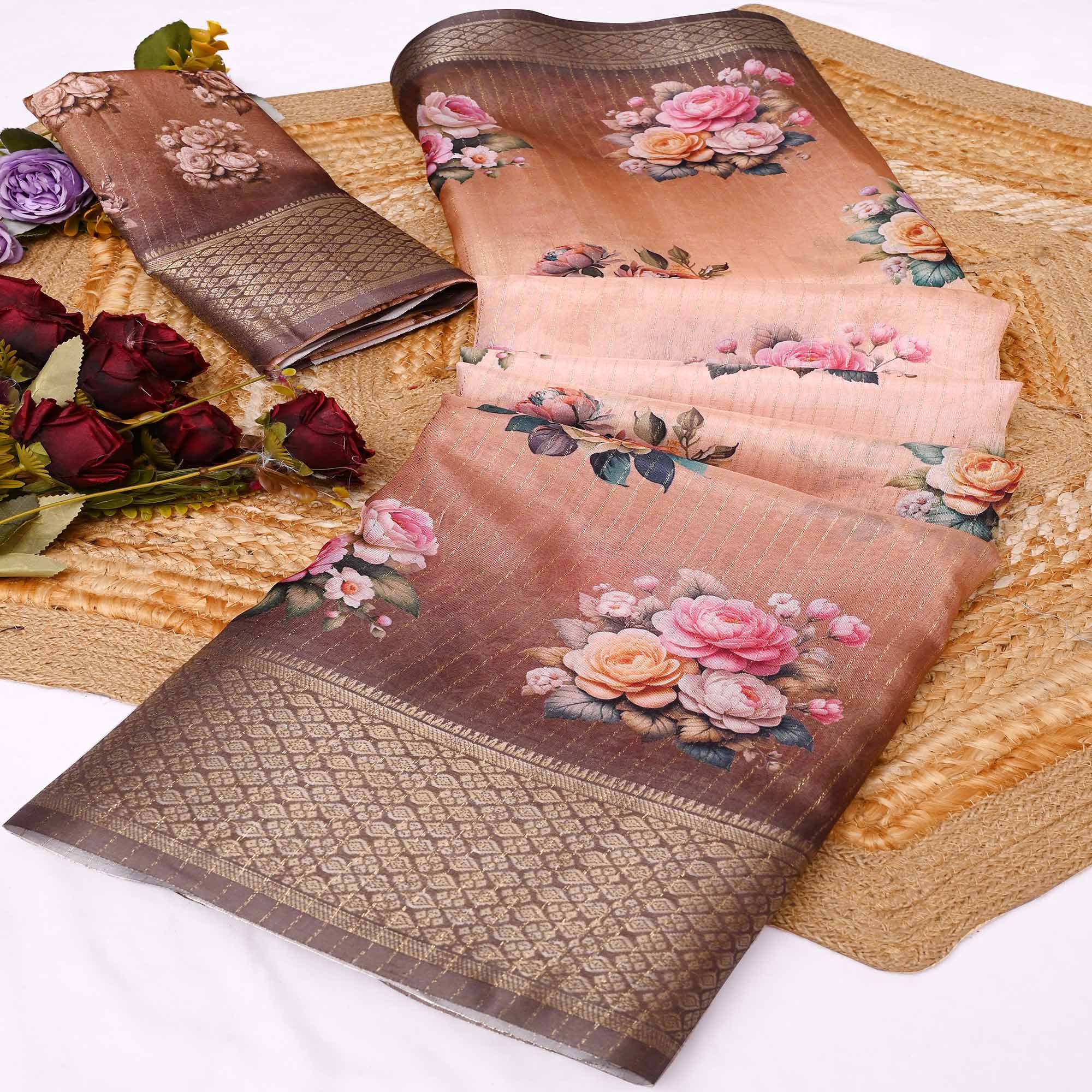 Brown Floral Printed Dola Silk Saree With Elegant Silver Zari & Intricate Weaving Border